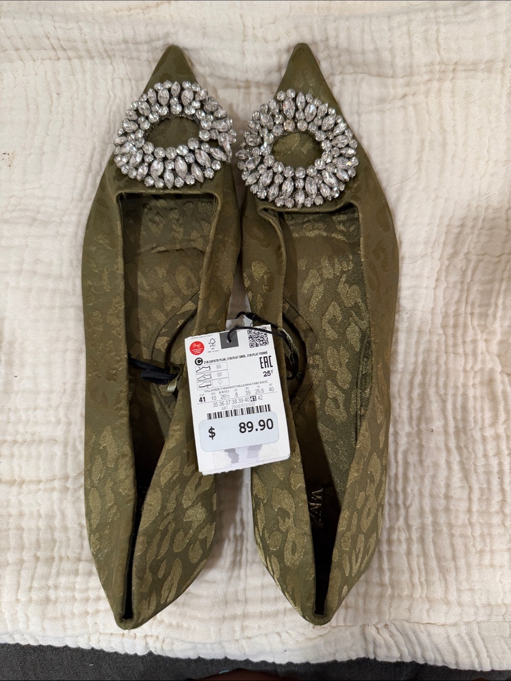 Zara Olive Green Pointed Toe Flats with Crystal Buckle